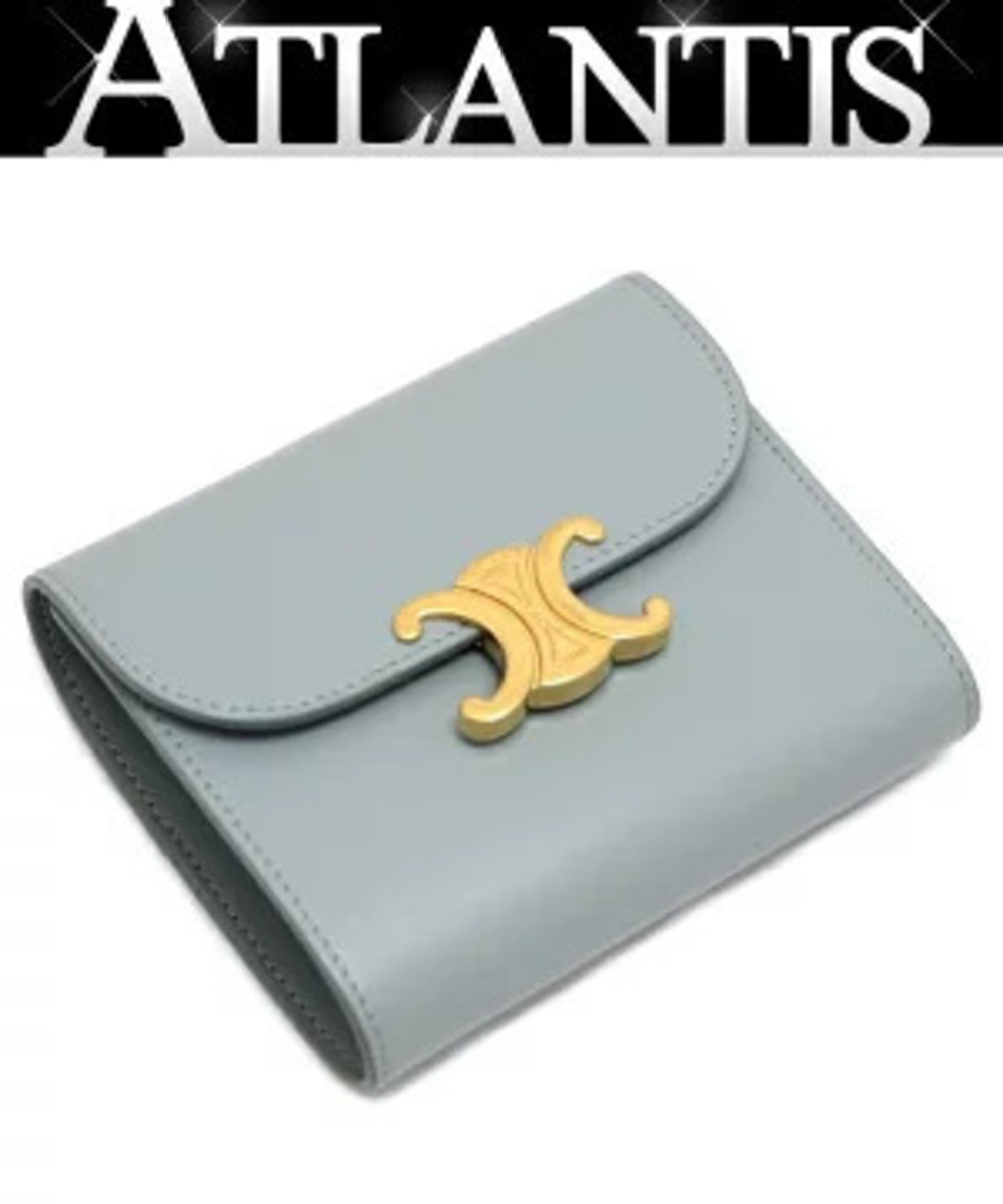 Celine Triomphe Tri fold Compact Wallet Calf Leather Blue